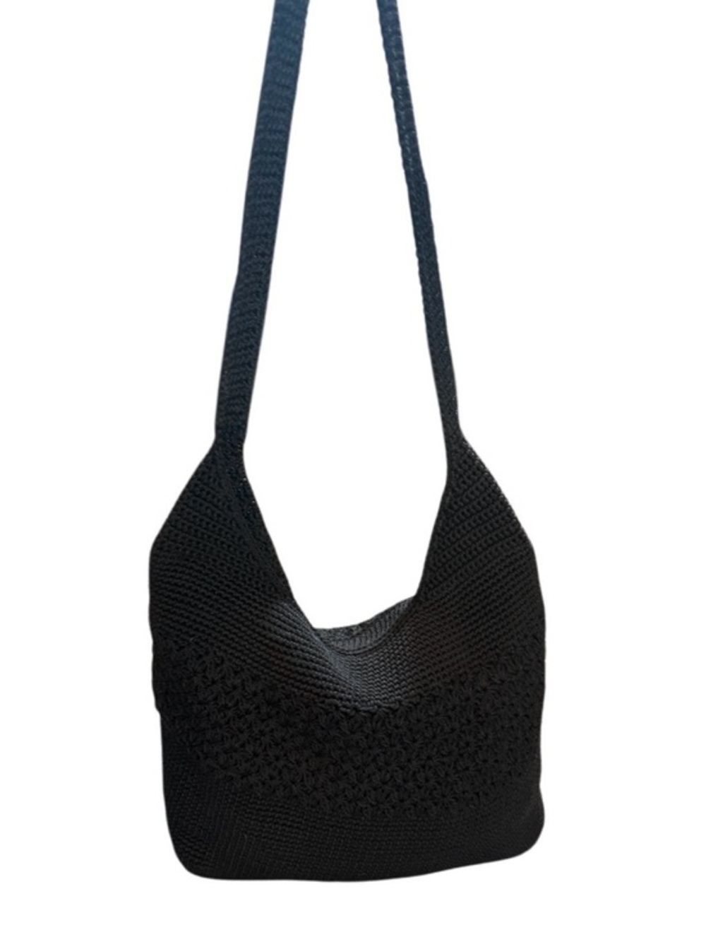 Black Crochet Hobo Bag Floral Knit Textured Boho Shoulder Purse Large